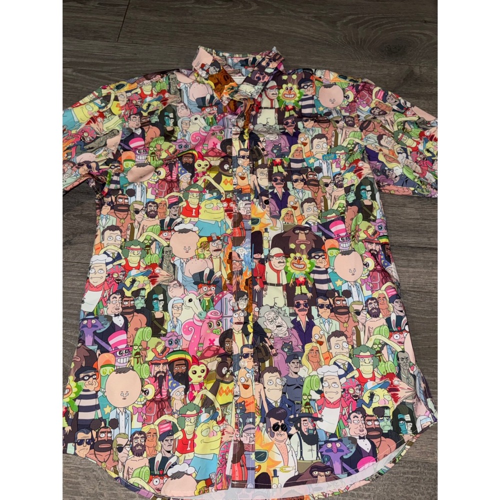 RSVLTS Rick and Morty All Over Character Print KUNUFLEX Button Down Shirt Mens M